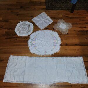 Vintage Lot Of 5 Linens: 2 Embroidered Lace Doilies Runner Flower Embroidered Do